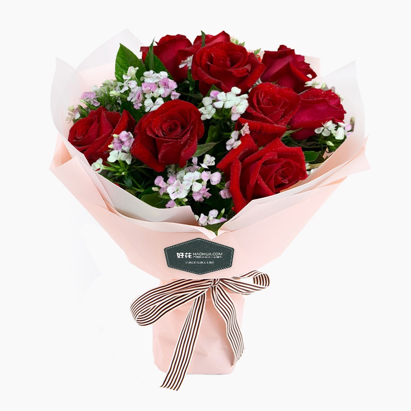 愛得執(zhí)著:9枝紅玫瑰+梔子葉鮮花