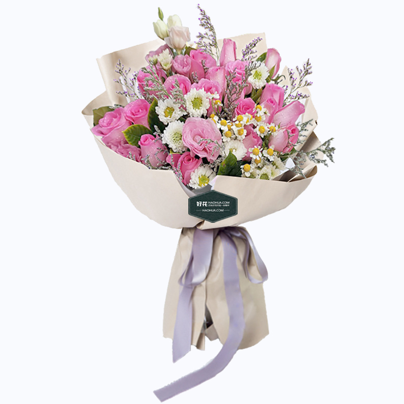 忠貞不渝:19枝蘇醒玫瑰+2枝粉色桔梗鮮花
