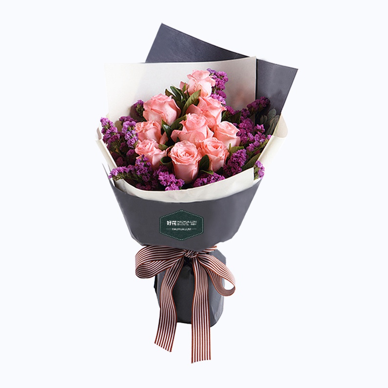 情比金堅(jiān):9枝戴安娜粉玫瑰+勿忘我鮮花